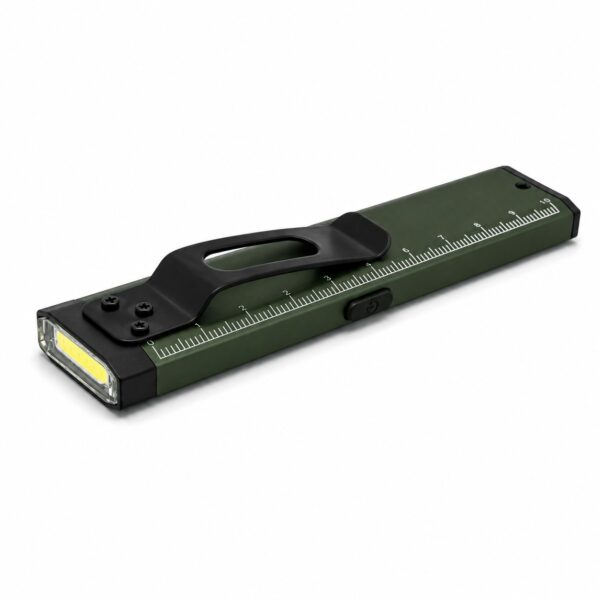 Flat aluminum inspection light showing the side COB work light and forward-facing top torch.