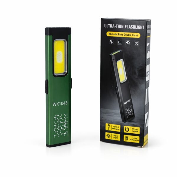 WK1043 ultra-thin rechargeable inspection light displayed beside its retail packaging.