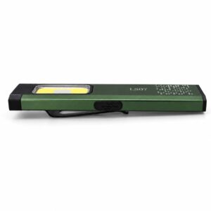 Flat aluminum inspection light showing the side COB work light and forward-facing top torch.