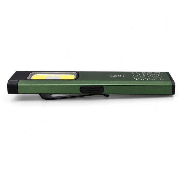 Flat aluminum inspection light showing the side COB work light and forward-facing top torch.