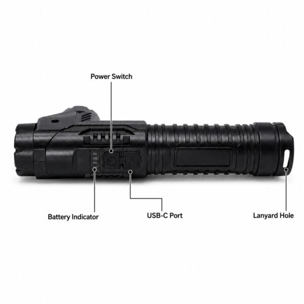 WK1046 rechargeable spot and flood flashlight - controls and charging-port detail