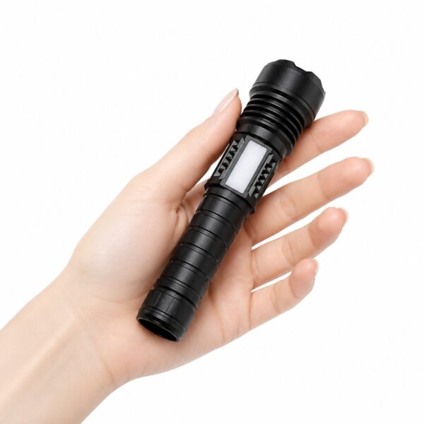 WK1047 compact rechargeable zoomable flashlight with warm and red side lighting - handheld size view