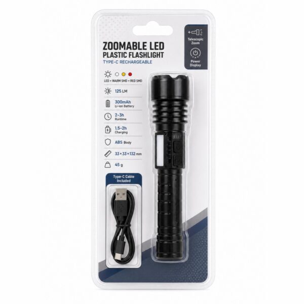 WK1047 compact rechargeable zoomable flashlight with warm and red side lighting - retail packaging front