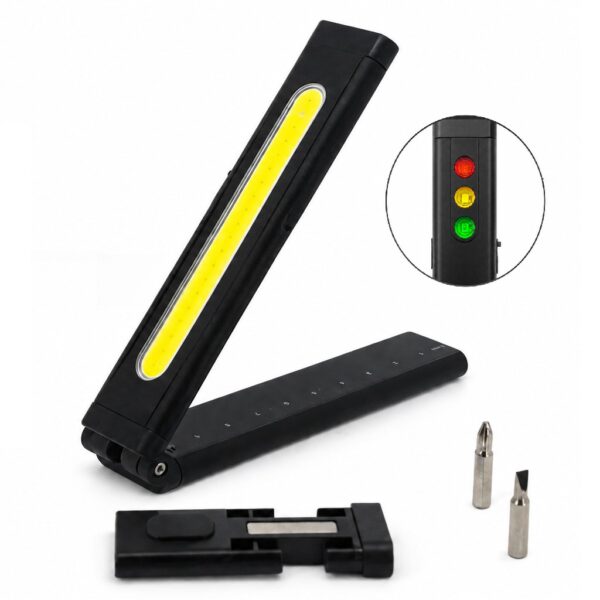 WK1048 foldable magnetic COB work light with integrated utility tools - feature set with screwdriver bits