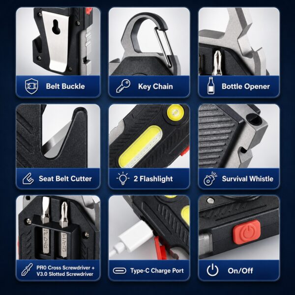 WK1053 rechargeable keychain utility light with spot and COB flood beams - feature summary grid