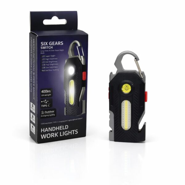 WK1053 rechargeable keychain utility light with spot and COB flood beams - product and retail packaging