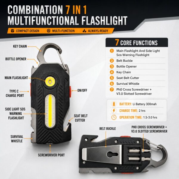 WK1053 rechargeable keychain utility light with spot and COB flood beams - seven-function infographic