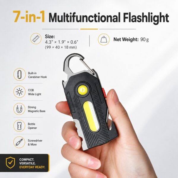 WK1053 rechargeable keychain utility light with spot and COB flood beams - utility tool infographic
