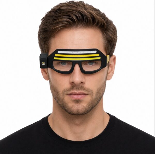WK3051B glasses-style motion sensor headlamp with white, warm and red COB lighting showing glasses-style sensor headlamp