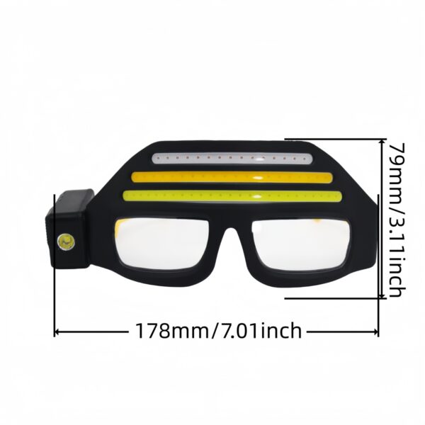 WK3051B glasses-style motion sensor headlamp with white, warm and red COB lighting - product dimension diagram