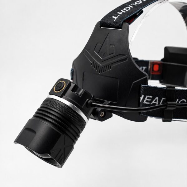 WK3055 high-output zoomable headlamp with a rear warning light and power-bank function - control and tilt detail