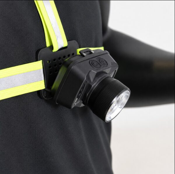 WK3057 high-output rechargeable running chest light with a reflective vest - lamp mount close-up