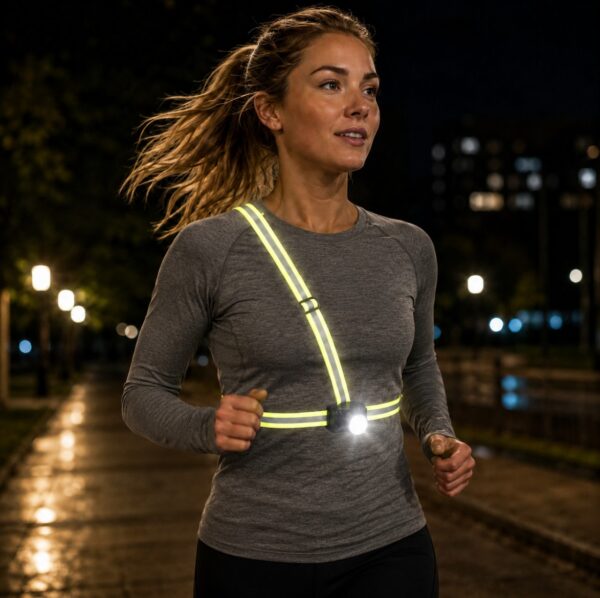 WK3057 high-output rechargeable running chest light with a reflective vest - night running application