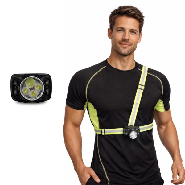 WK3057 high-output rechargeable running chest light with a reflective vest showing running chest light and vest