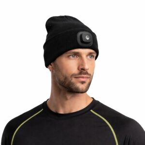 WK3058 two-in-one rechargeable beanie headlamp with white and red light - light beanie worn on model