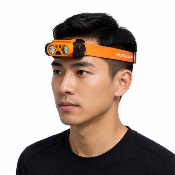 WK3061 detachable dual-LED motion sensor headlamp with red light and a digital power display - headlamp worn on model