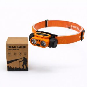 WK3061 detachable dual-LED motion sensor headlamp with red light and a digital power display - product with retail box