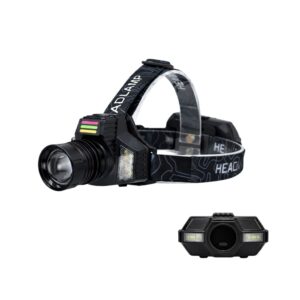WK3063 zoomable motion sensor headlamp with side SMD lights and power-bank output showing complete headlamp with rear pack