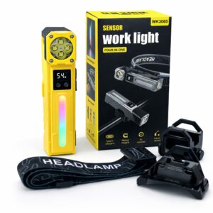 WK3065 four-in-one motion sensor work light with headband and bicycle mounts - full mounting kit and packaging