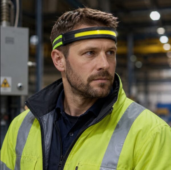 WK3066 lightweight COB headlamp with a reflective headband and red light - headlamp worn for work