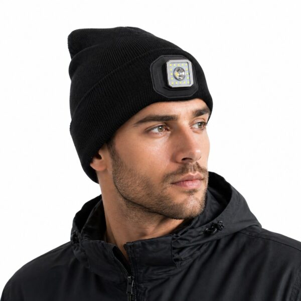 WK3067 two-in-one LED light beanie with a detachable headlamp module - light beanie worn on model
